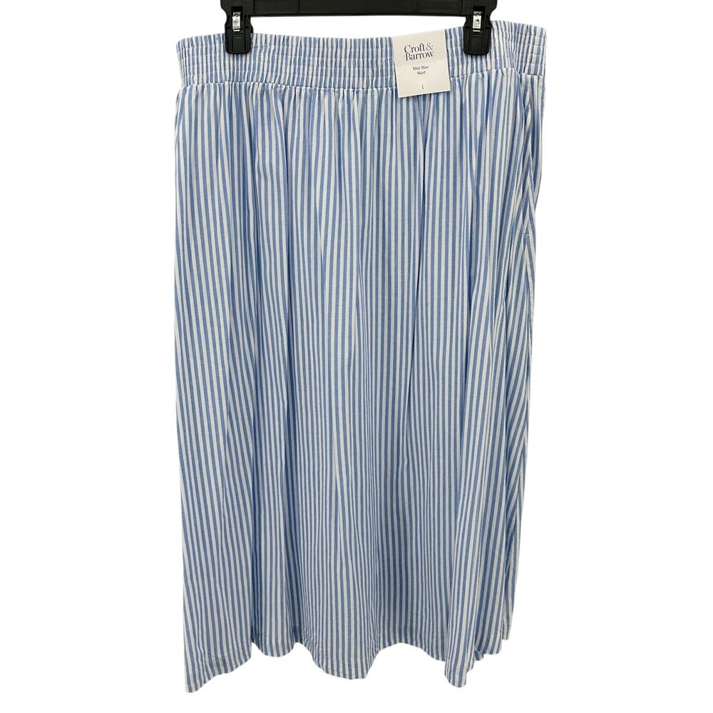 Croft & Barrow Midi Skirt WMNS L Blue Striped Pockets Coastal Casual Nautical